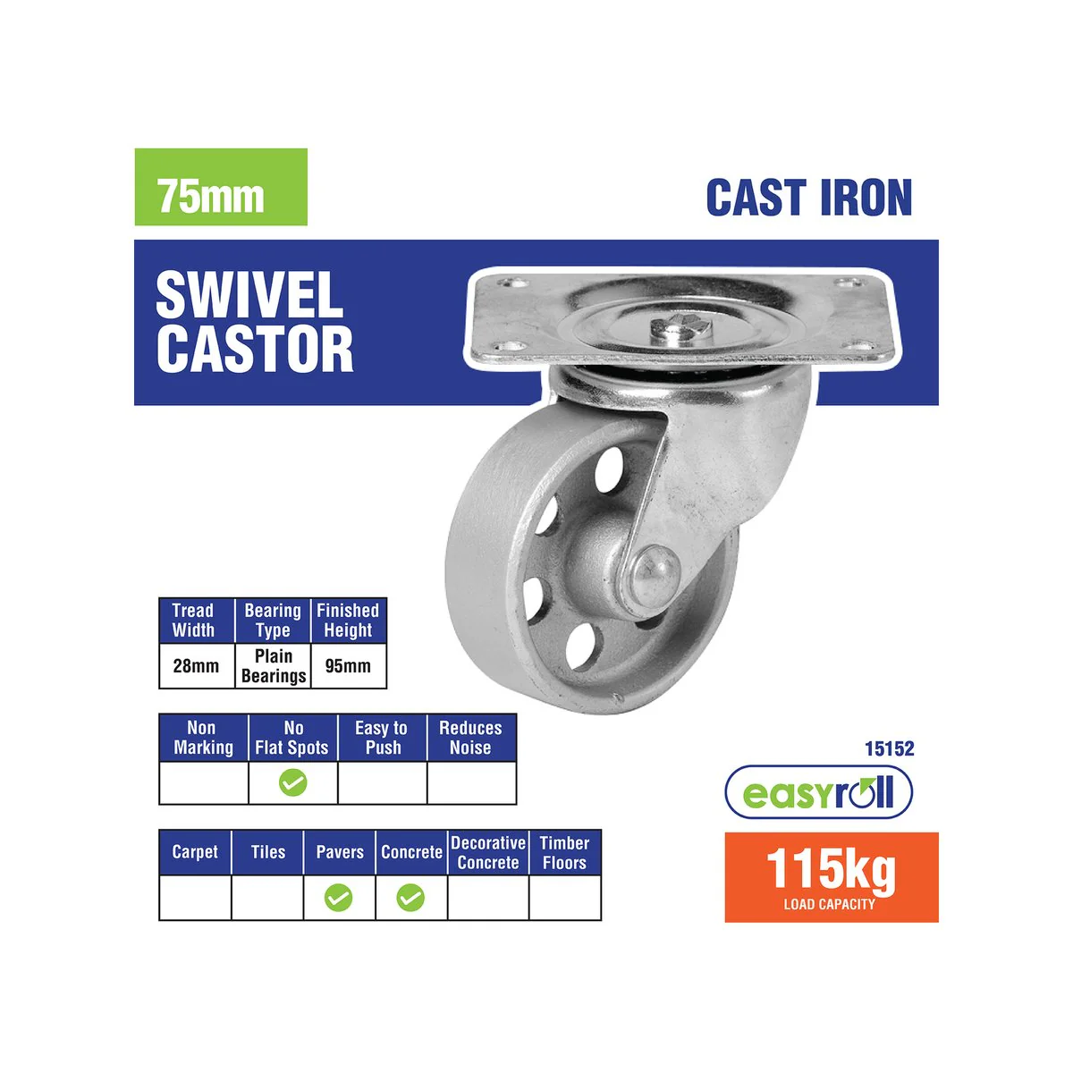 Easyroll Castor - 75mm - Cast Iron - High Load Capacity - Image 3