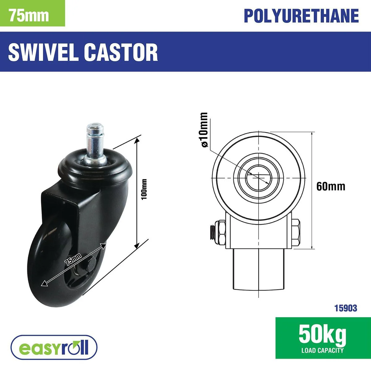 Easyroll Castor - 75mm - Polyurethane - Non-Marking - Image 2