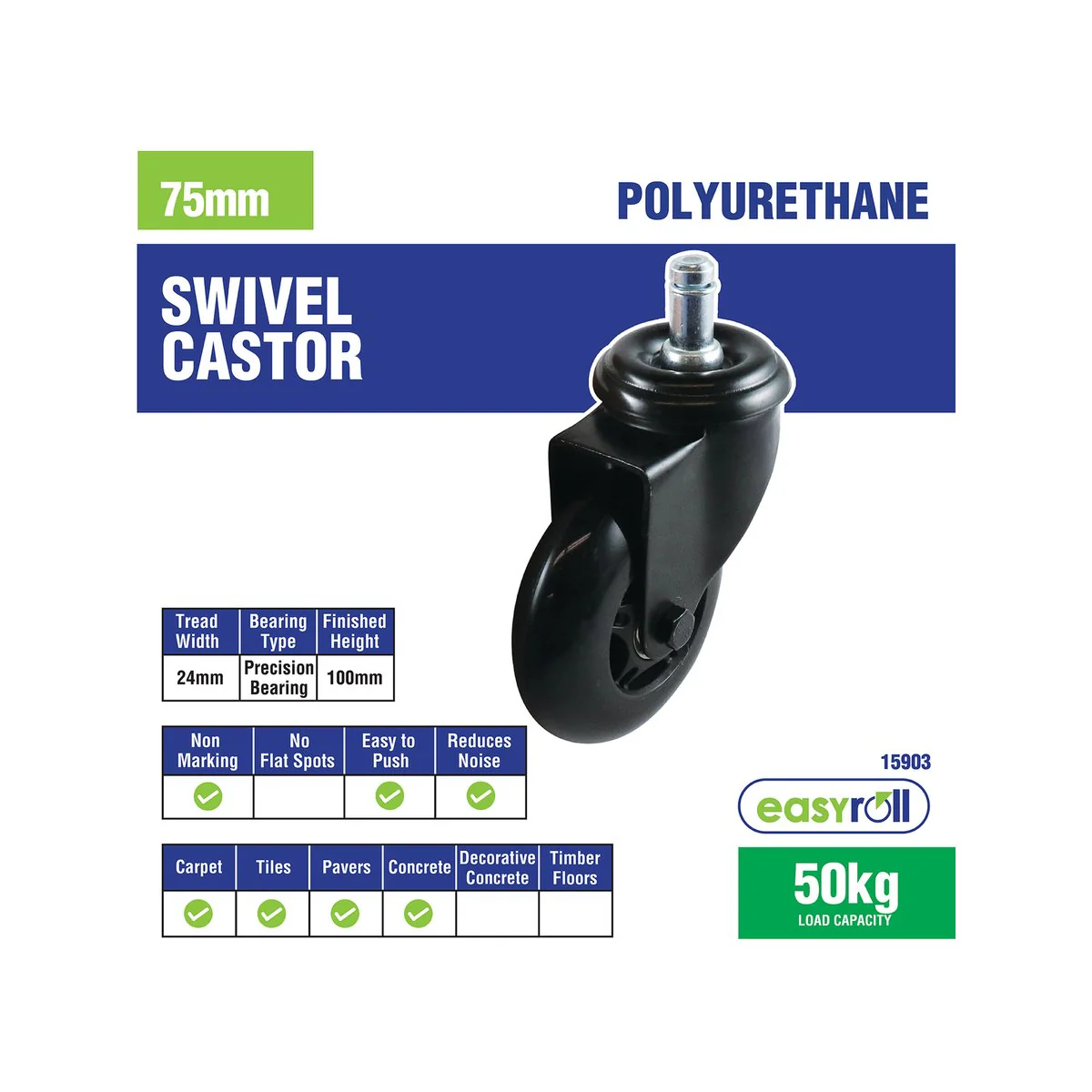 Easyroll Castor - 75mm - Polyurethane - Non-Marking - Image 3