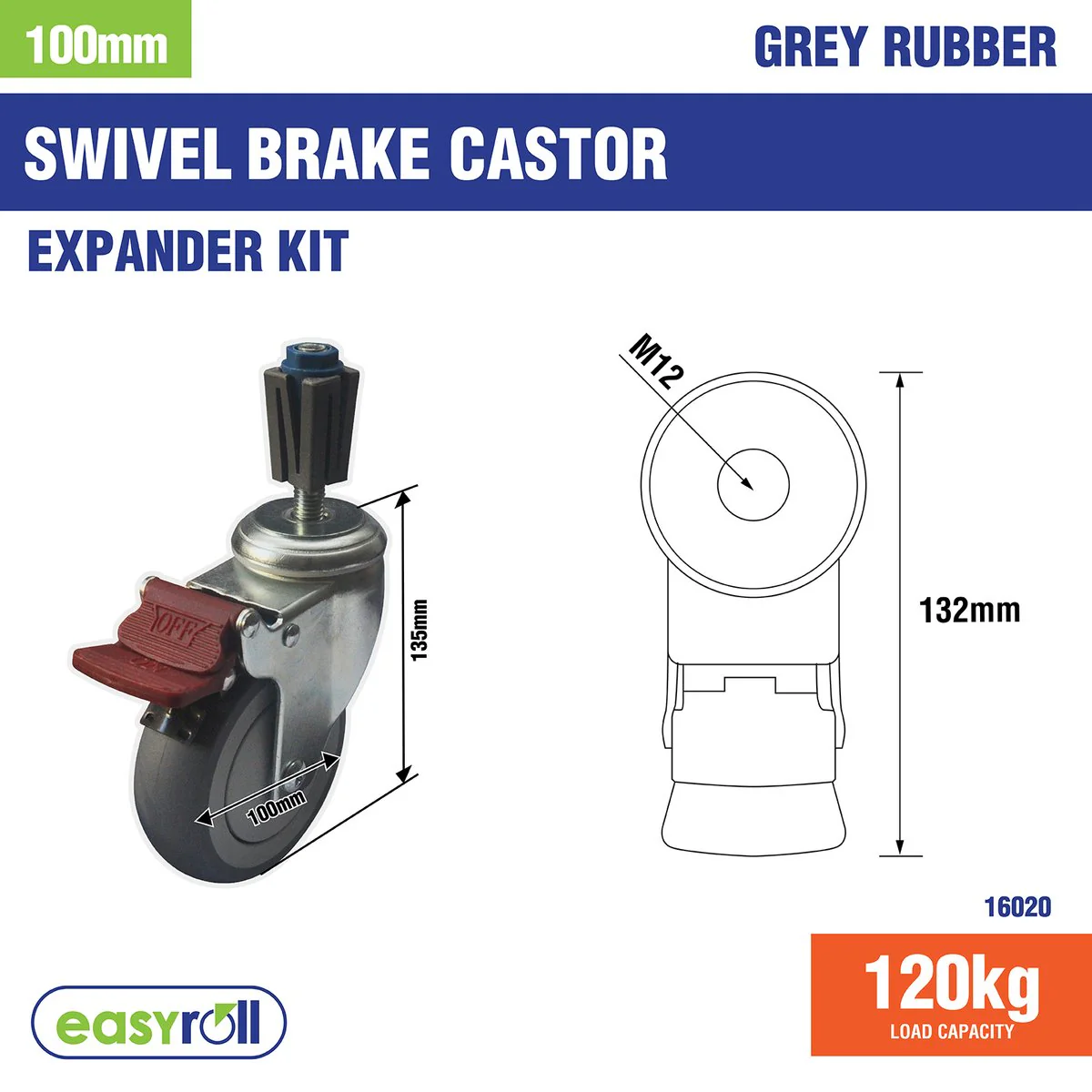 Easyroll Castor Xpan Kit - 100mm - Grey Rubber - 120kg Load Rating - Image 2