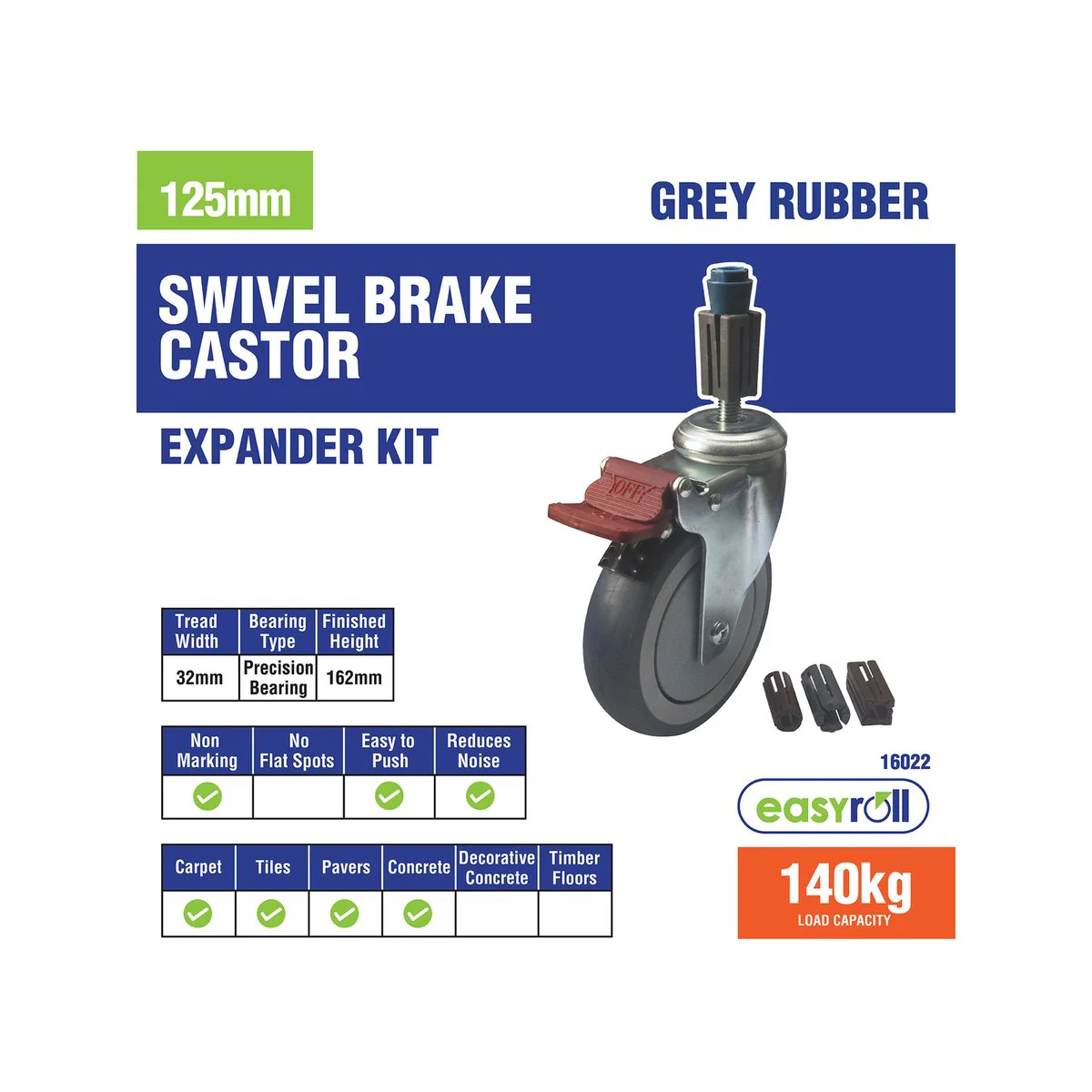 Easyroll Castor Xpan Kit - 125mm - Grey Rubber - Smooth Rolling - Image 3