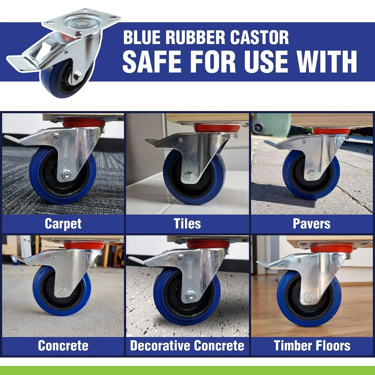 Easyroll Fixed Castor - 100mm - Blue Elastic Rubber - Non-Marking - Image 4