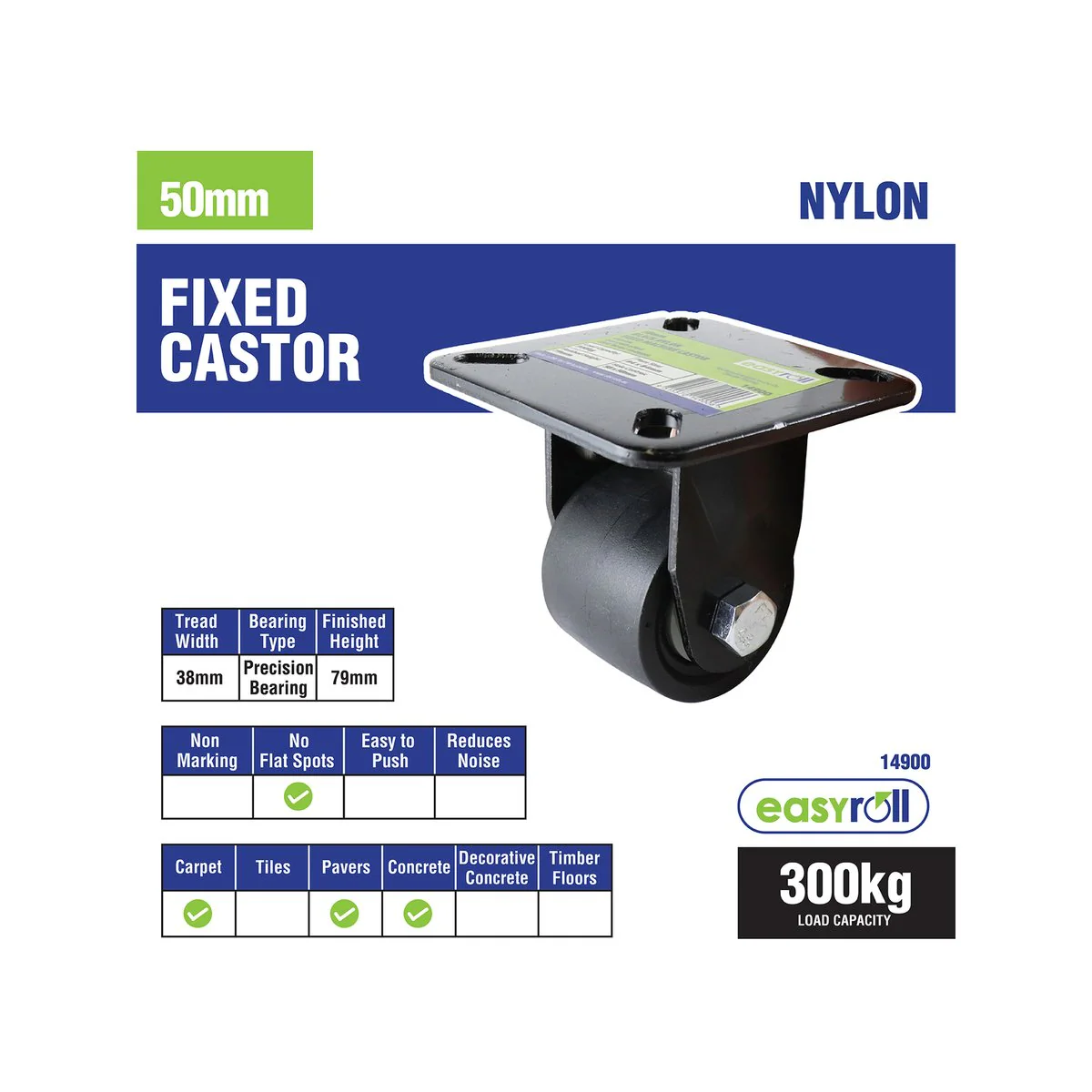 Easyroll Fixed Castor - 50mm - Nylon - 300kg Load Rating - Image 3