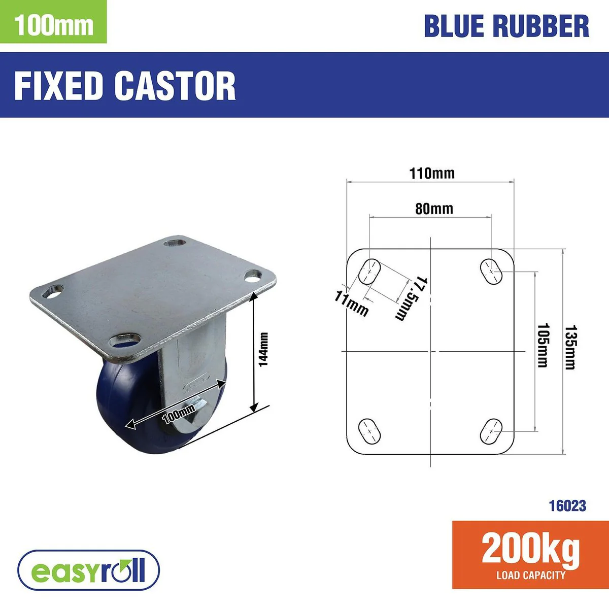 Easyroll Fixed Plate Castor - 100mm - Blue Rubber - Non Marking - Image 4