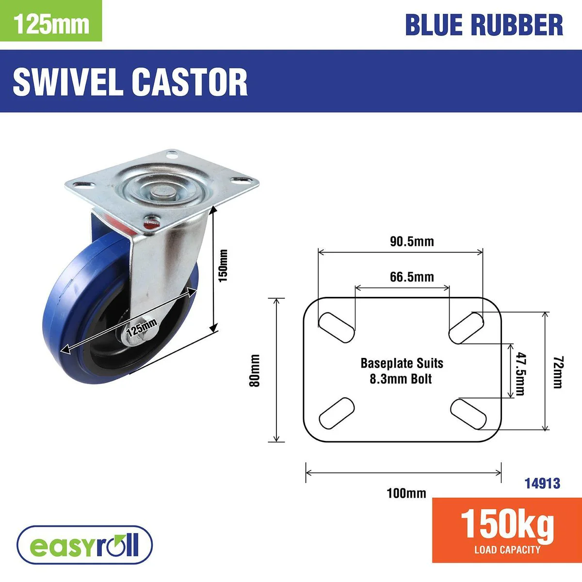 Easyroll Heavy Duty Castor - 125mm - Blue Elastic Rubber - Non-Marking - Image 4