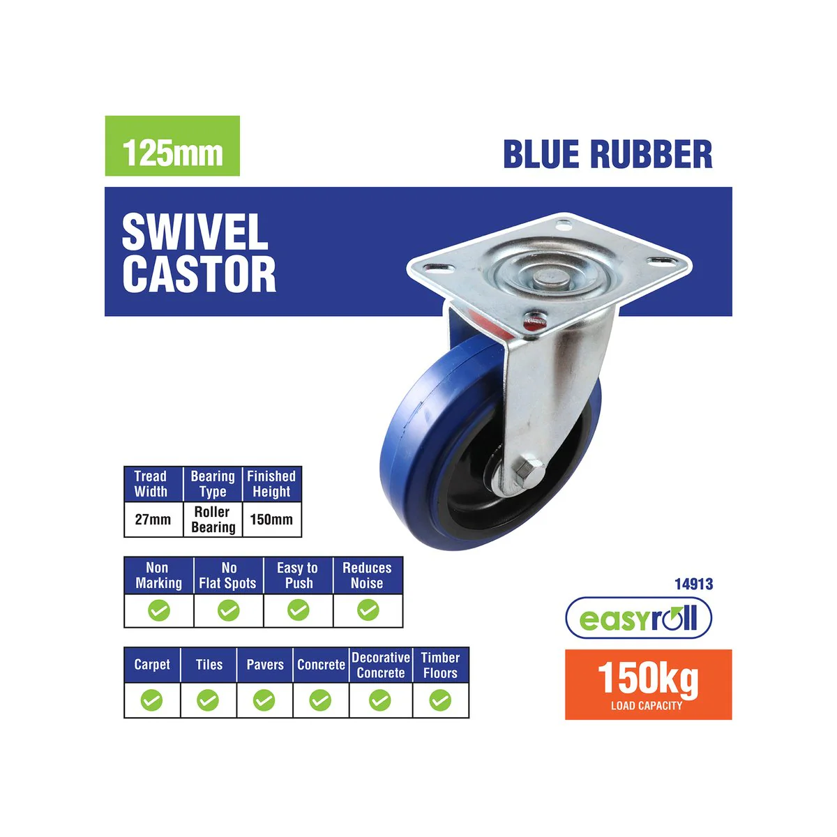 Easyroll Heavy Duty Castor - 125mm - Blue Elastic Rubber - Non-Marking - Image 5