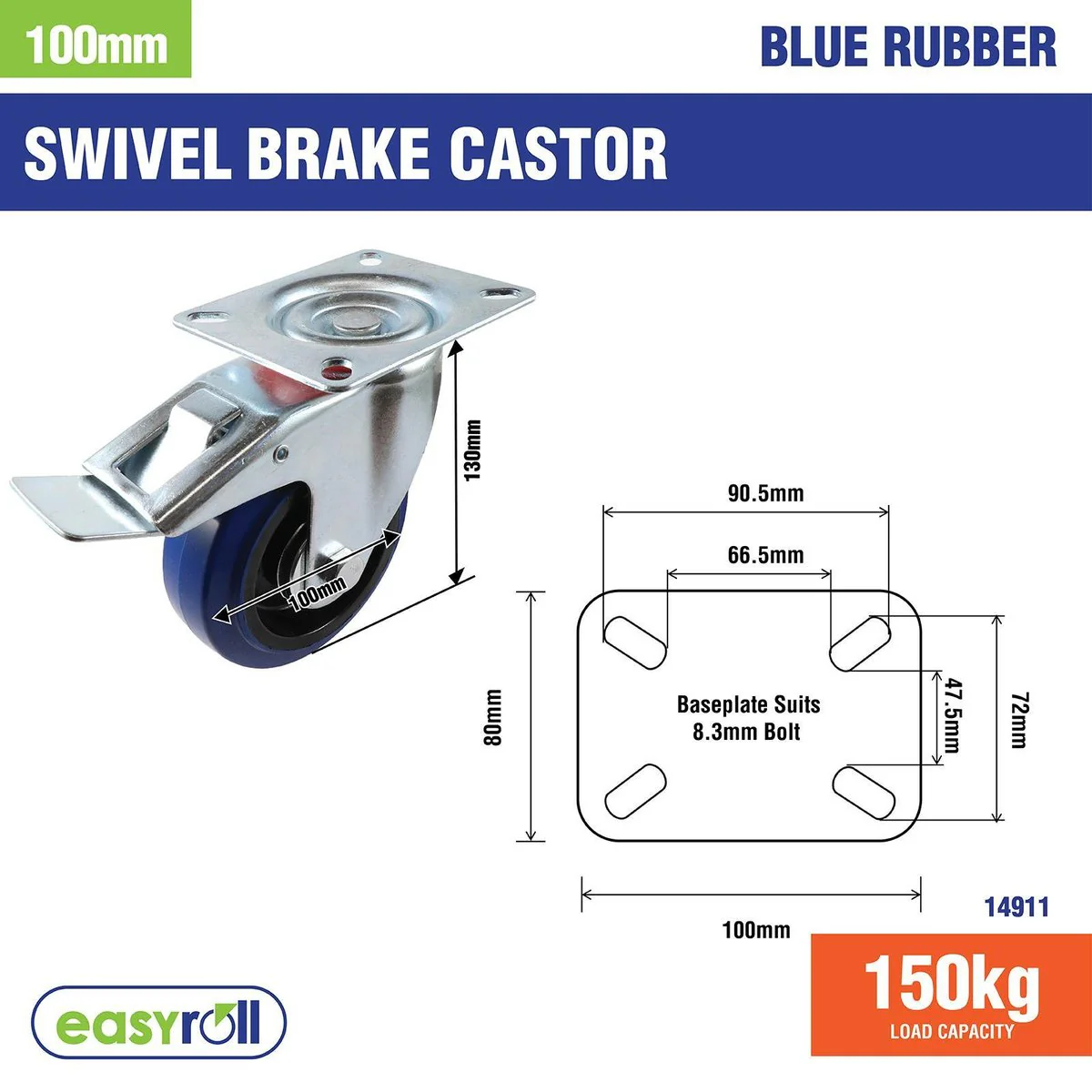 Easyroll Swivel Brake Castor - 100mm - Blue - Rubber - 150kg Load - Image 4