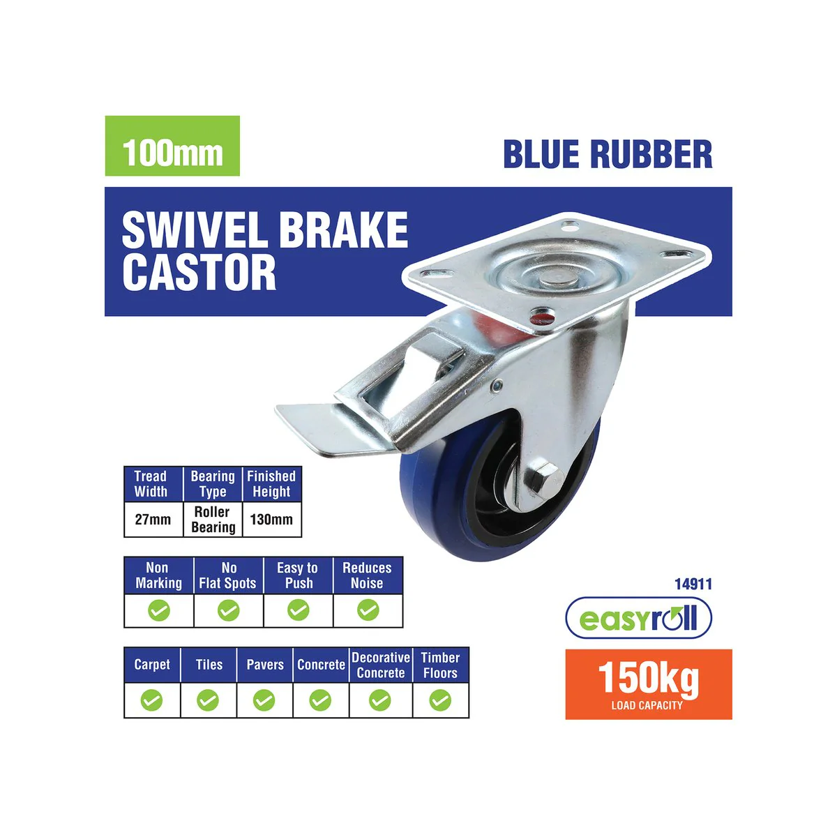 Easyroll Swivel Brake Castor - 100mm - Blue - Rubber - 150kg Load - Image 5