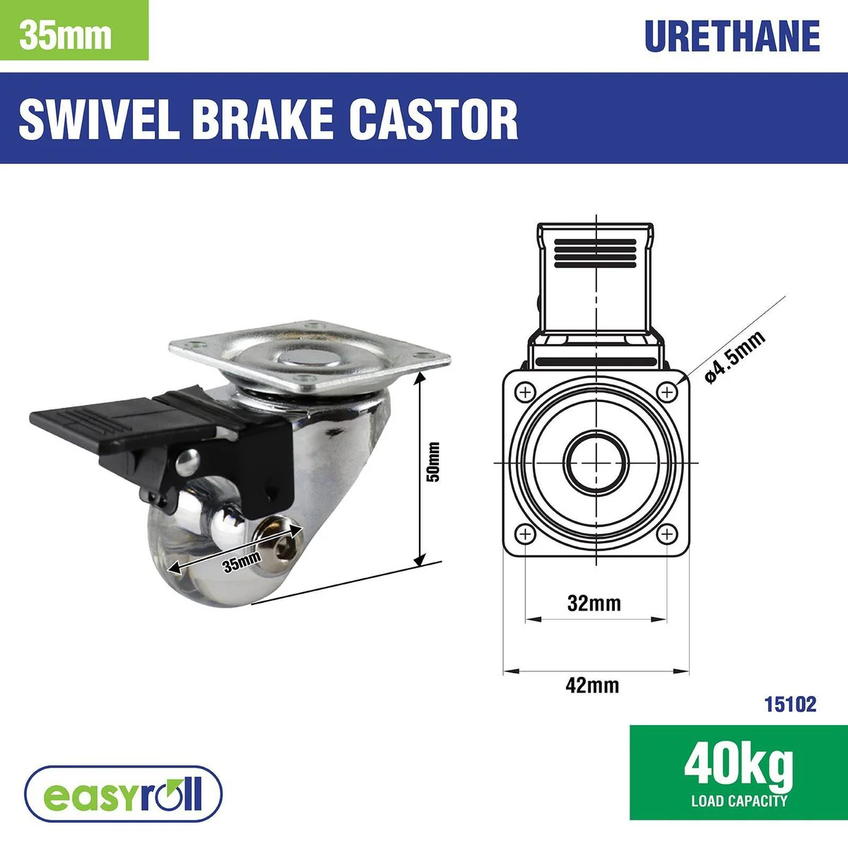 Easyroll Swivel Brake Castor - 35mm - Polyurethane - 40kg Load - 2 Pack - Image 5
