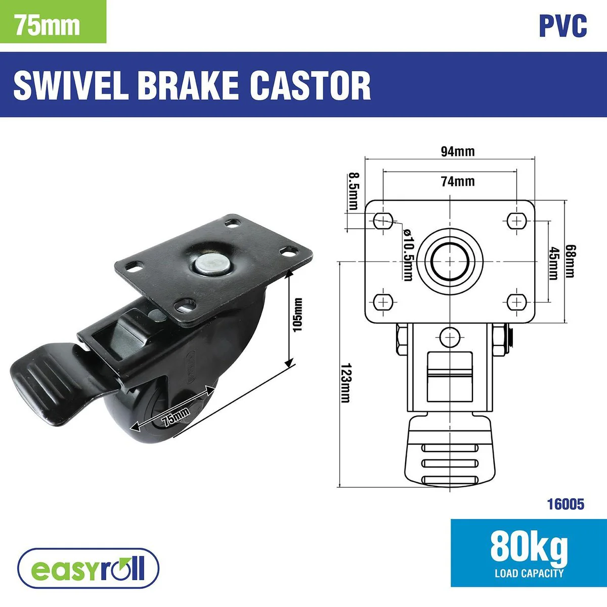 Easyroll Swivel Castor - 75mm - PVC - With Brake - Image 3