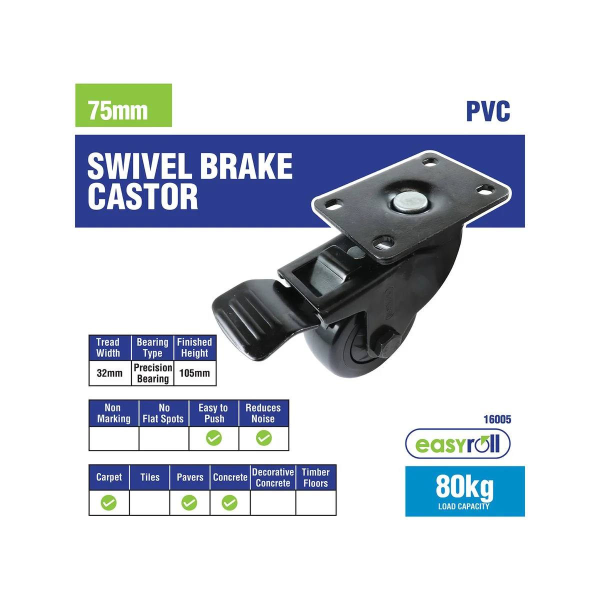 Easyroll Swivel Castor - 75mm - PVC - With Brake - Image 4