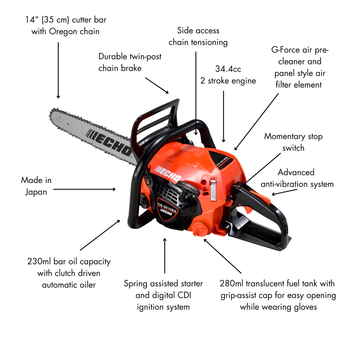 Echo 350mm 34.4cc 2 Stroke Petrol Chainsaw - 14" Guide Bar - Orange - Easy Start - Image 2