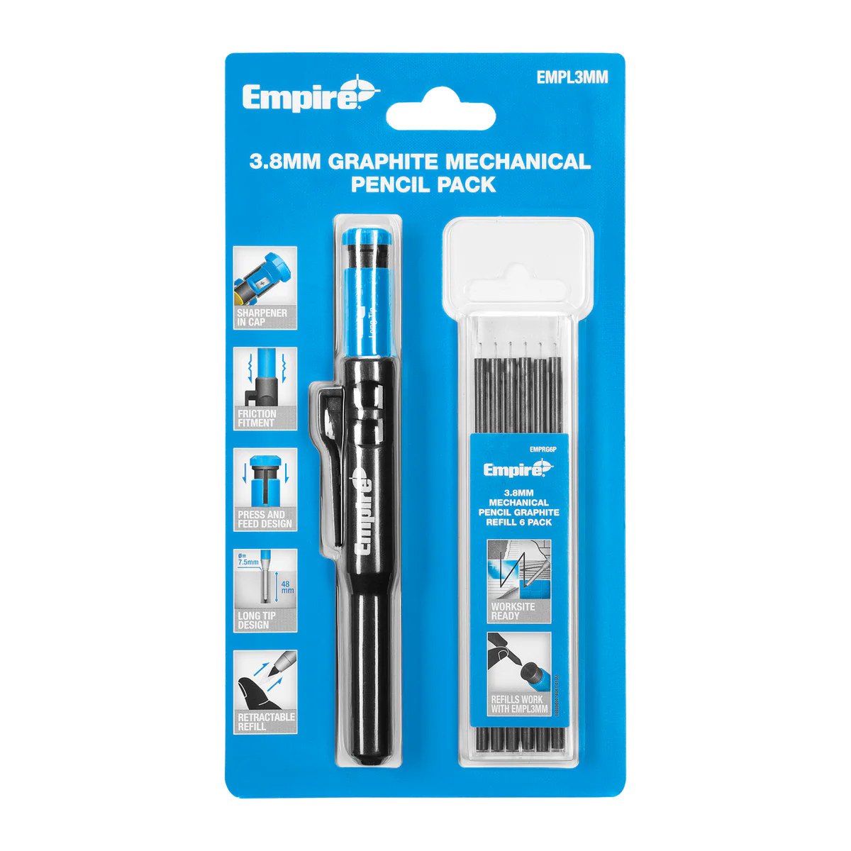 Empire 3 8mm Graphite Mechanical Pencil Pack - 1 Pencil + 6 Refills - Precision Marking