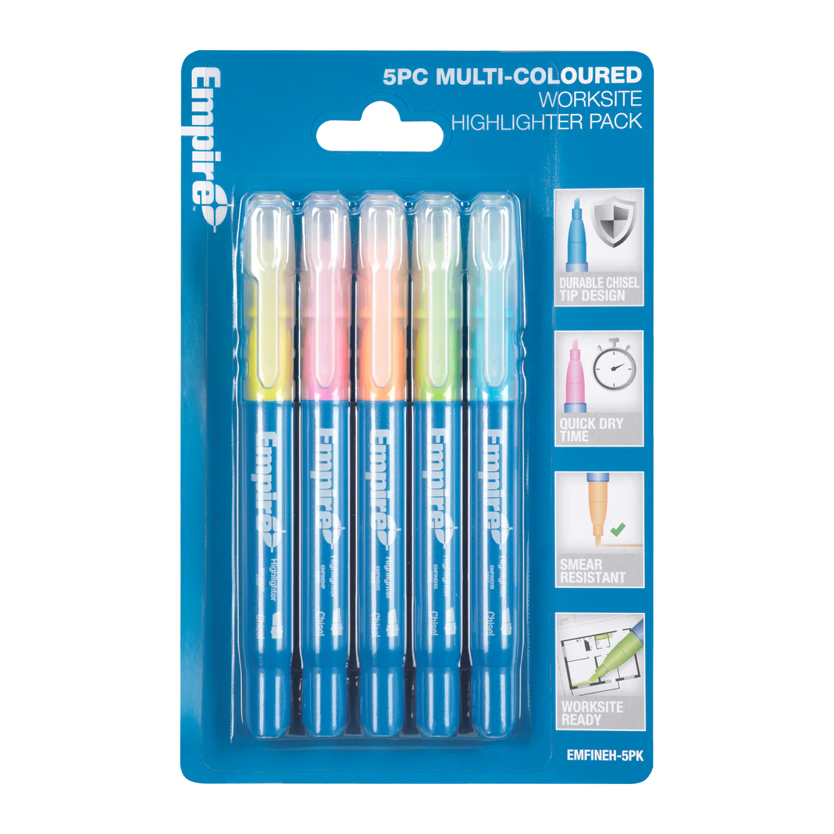 Empire 5 Piece Multi Coloured Highlighter Pack - 18.8mm x 186mm - Durable Ink