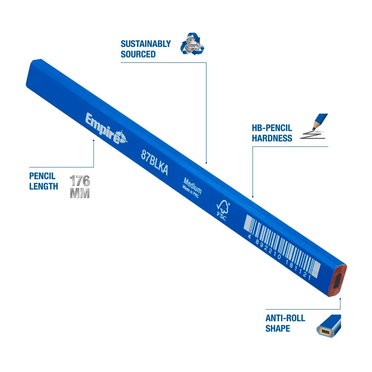 Empire Medium Carpenter Pencil - Individual - 176mm x 13mm x 7mm - Image 2