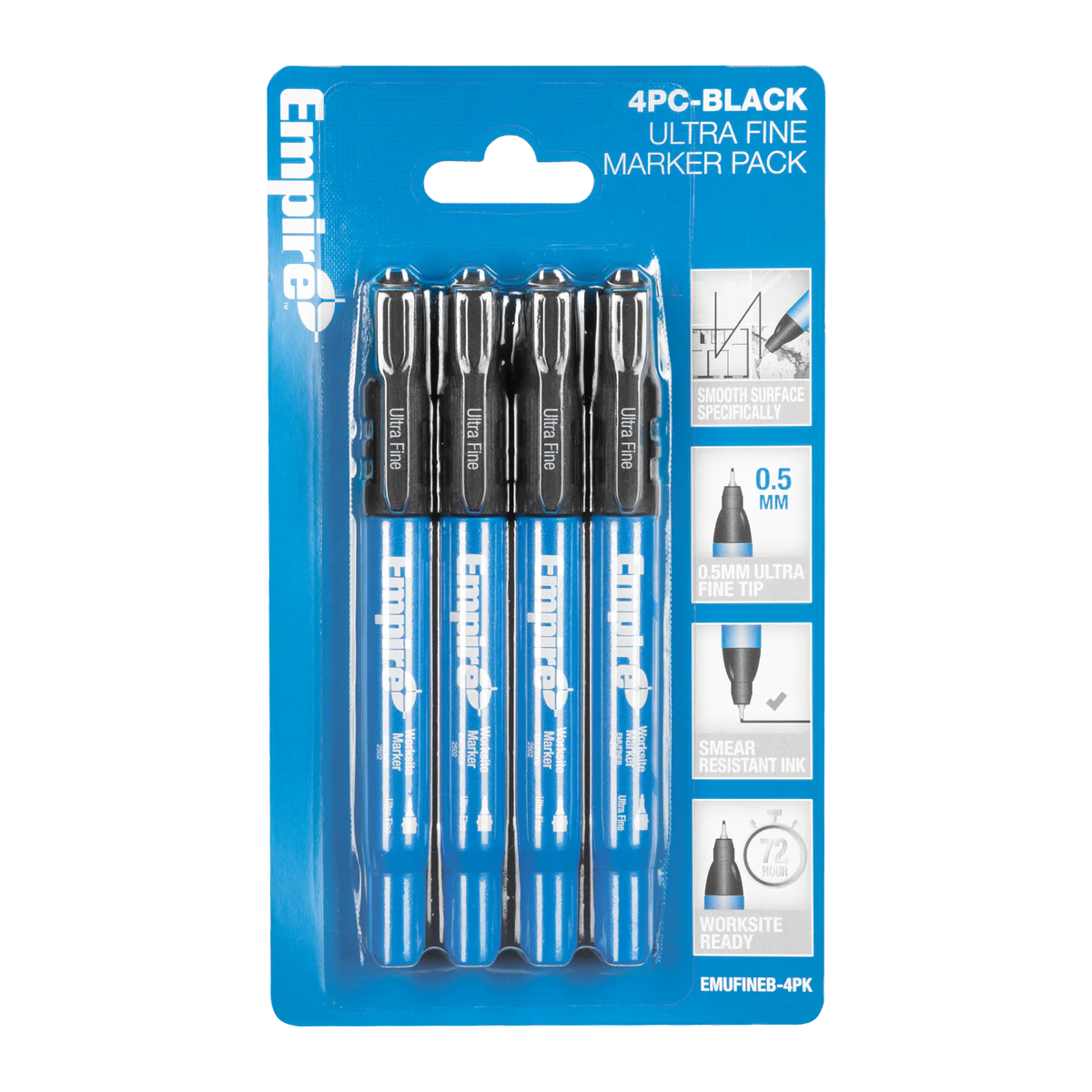 Empire Ultra Fine Black Marker 4 Pack - 0.5mm Tip - Smear-Resistant - Black