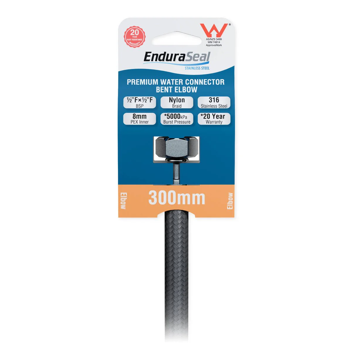 Enduraseal 300mm Stainless Steel Flexible Braided Hose Bent Elbow Connector - Durable Water Connection - 1/2" Female BSP Fittings - Image 2