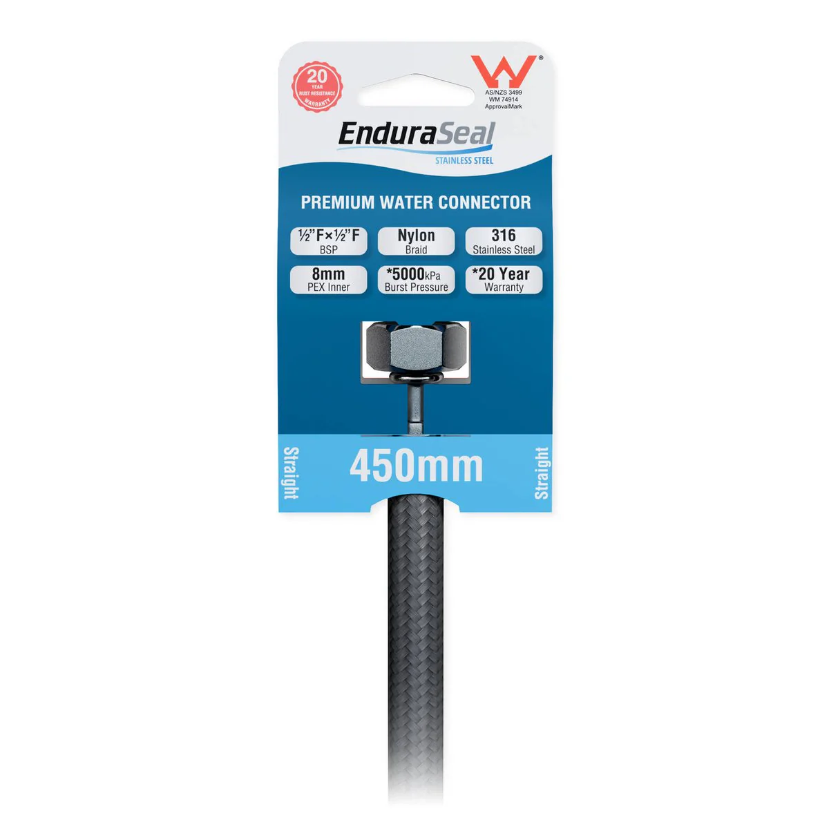 Enduraseal 450mm Silver Flexible Braided Water Connector - 1/2" BSP Fittings - Durable & Rust Resistant - Image 2