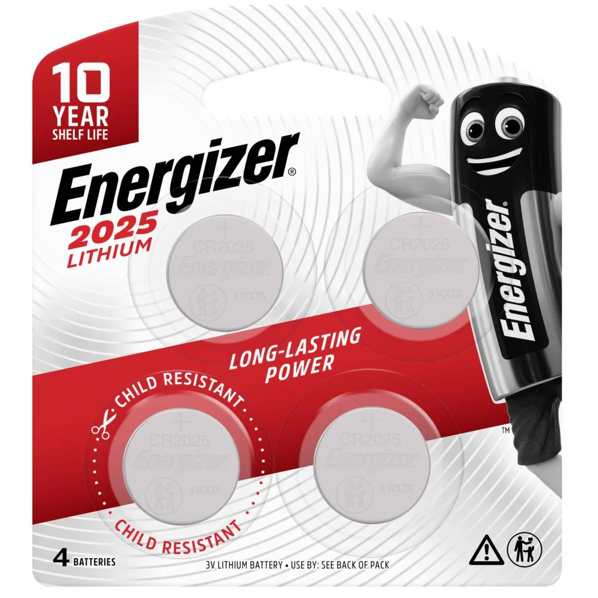 Energizer 2025 Lithium Coin Battery 4 Pack - 90mm x 99mm - Silver - Long-lasting Power