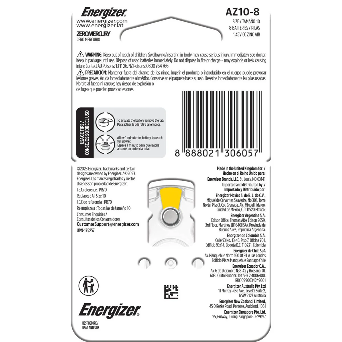 Energizer Hearing Aid Batteries AZ10 - 8 Pack - Long-Lasting Power - 4 Year Shelf Life - Image 2