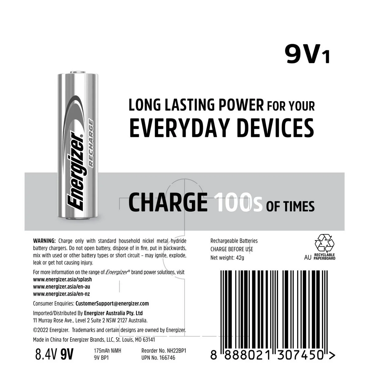 Energizer Recharge 9V Battery - 1 Pack - 95.6mm x 228.7mm - Reliable Power - Image 2