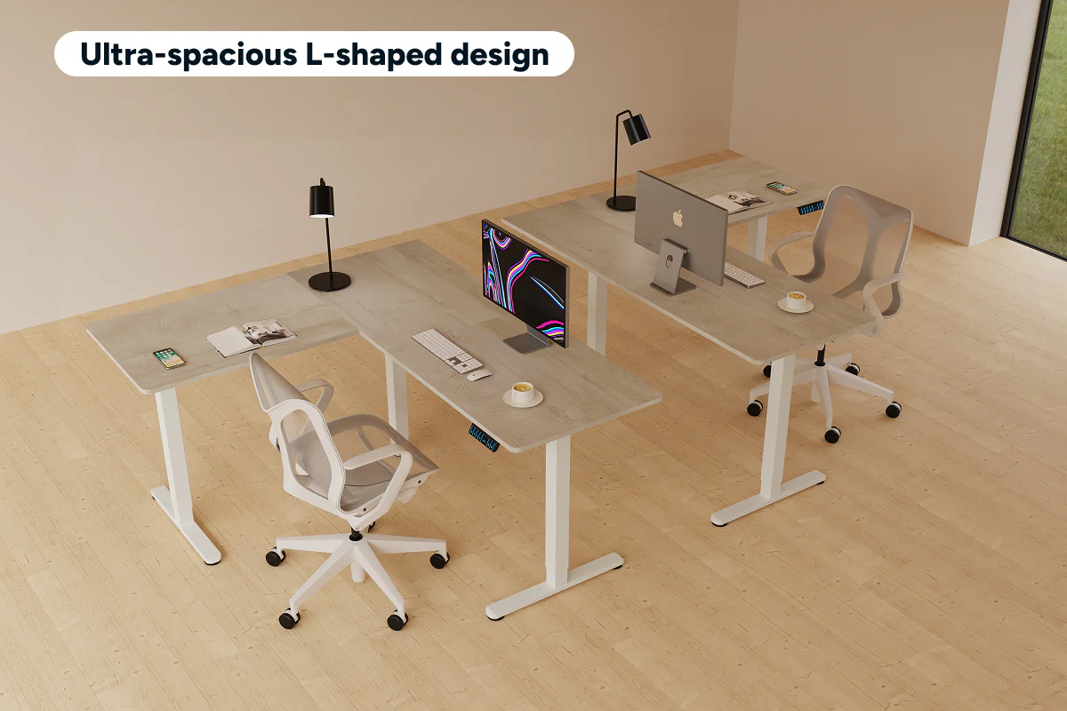 Ergolux Electric L-Shaped Dual-Motor Standing Desk Oak White - Image 3