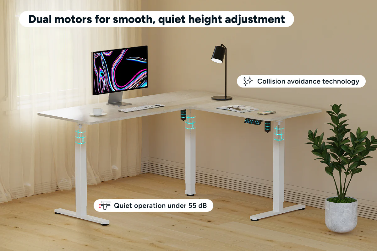 Ergolux Electric L-Shaped Dual-Motor Standing Desk Oak White - Image 4