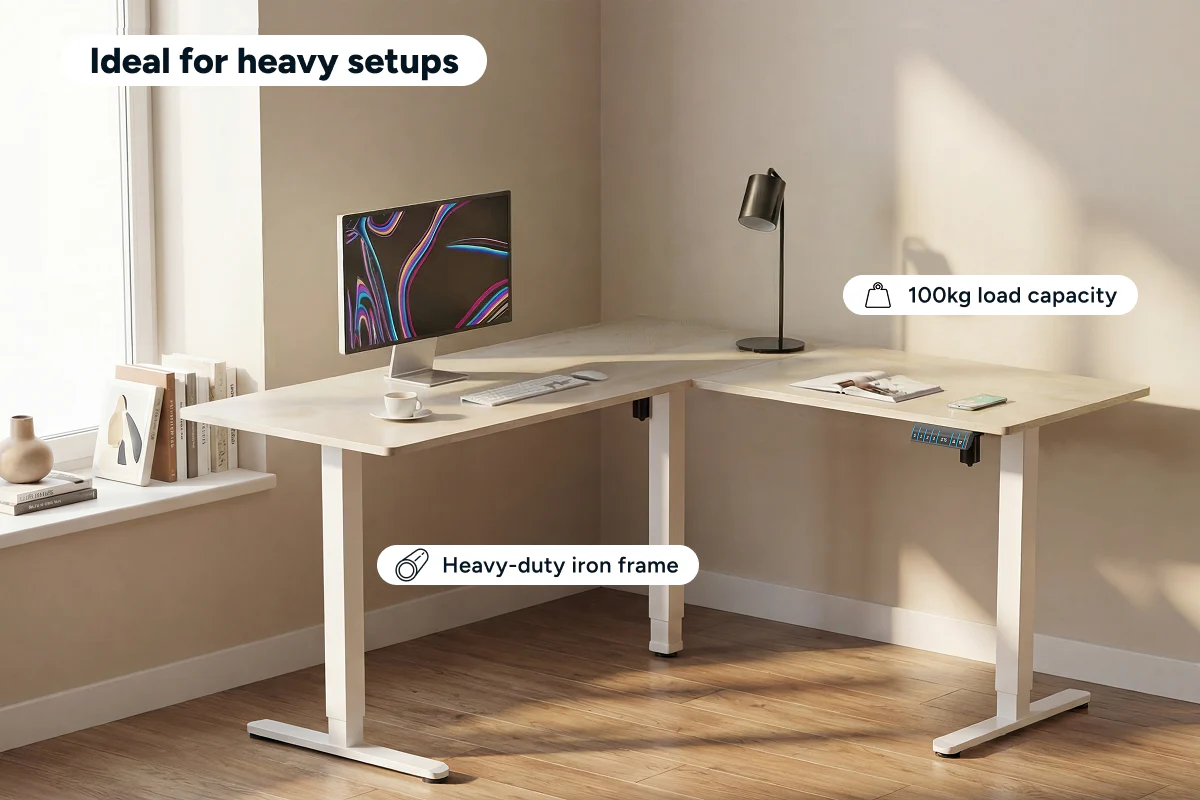 Ergolux Electric L-Shaped Dual-Motor Standing Desk Oak White - Image 7