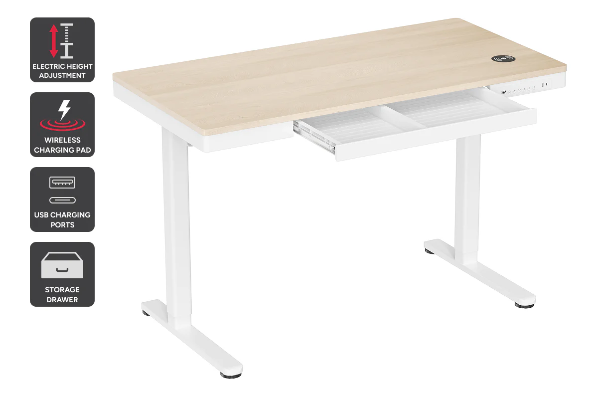 Ergolux Electric Standing Desk with Drawer 120 x 60cm Oak White