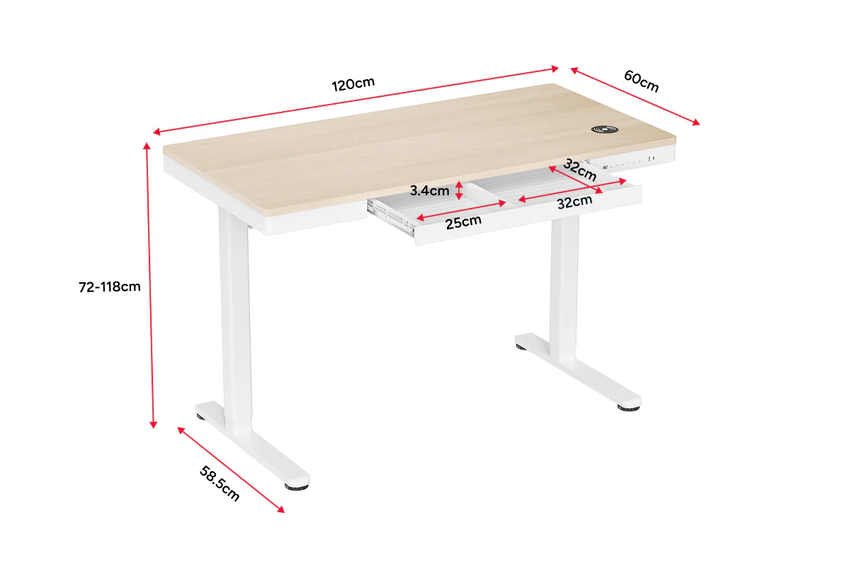 Ergolux Electric Standing Desk with Drawer 120 x 60cm Oak White - Image 11