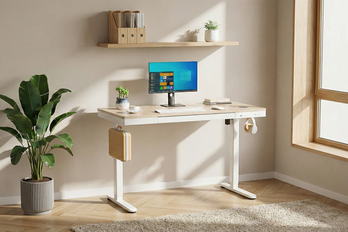 Ergolux Electric Standing Desk with Drawer 120 x 60cm Oak White - Image 3