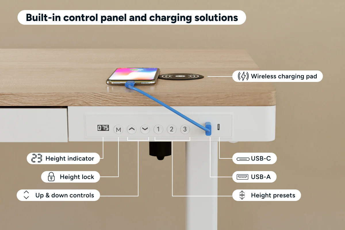 Ergolux Electric Standing Desk with Drawer 120 x 60cm Oak White - Image 5