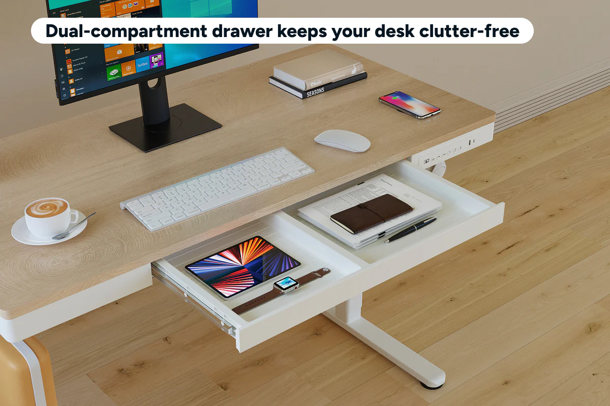 Ergolux Electric Standing Desk with Drawer 120 x 60cm Oak White - Image 6