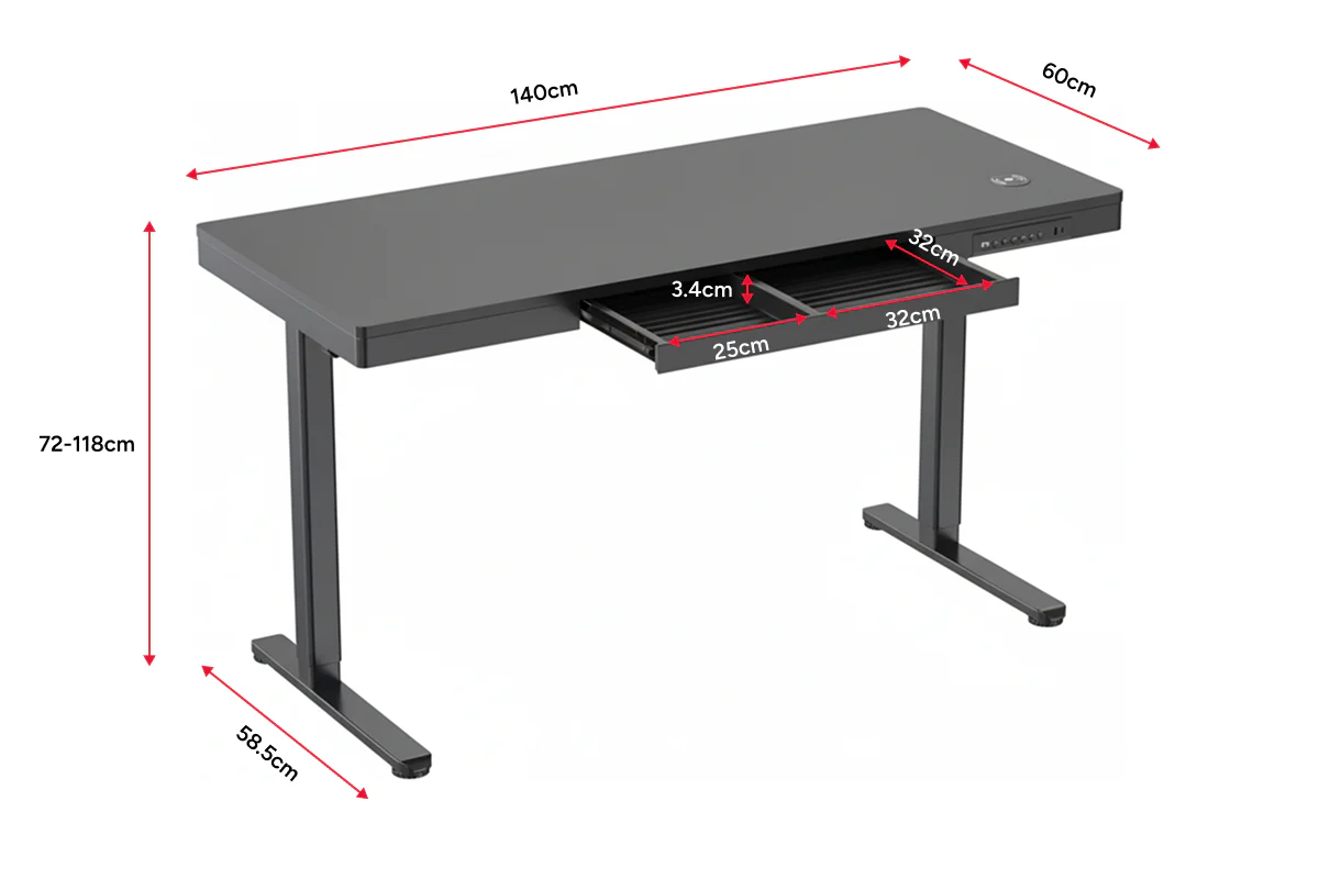 Ergolux Electric Standing Desk with Drawer 140 x 60cm Black - Image 11