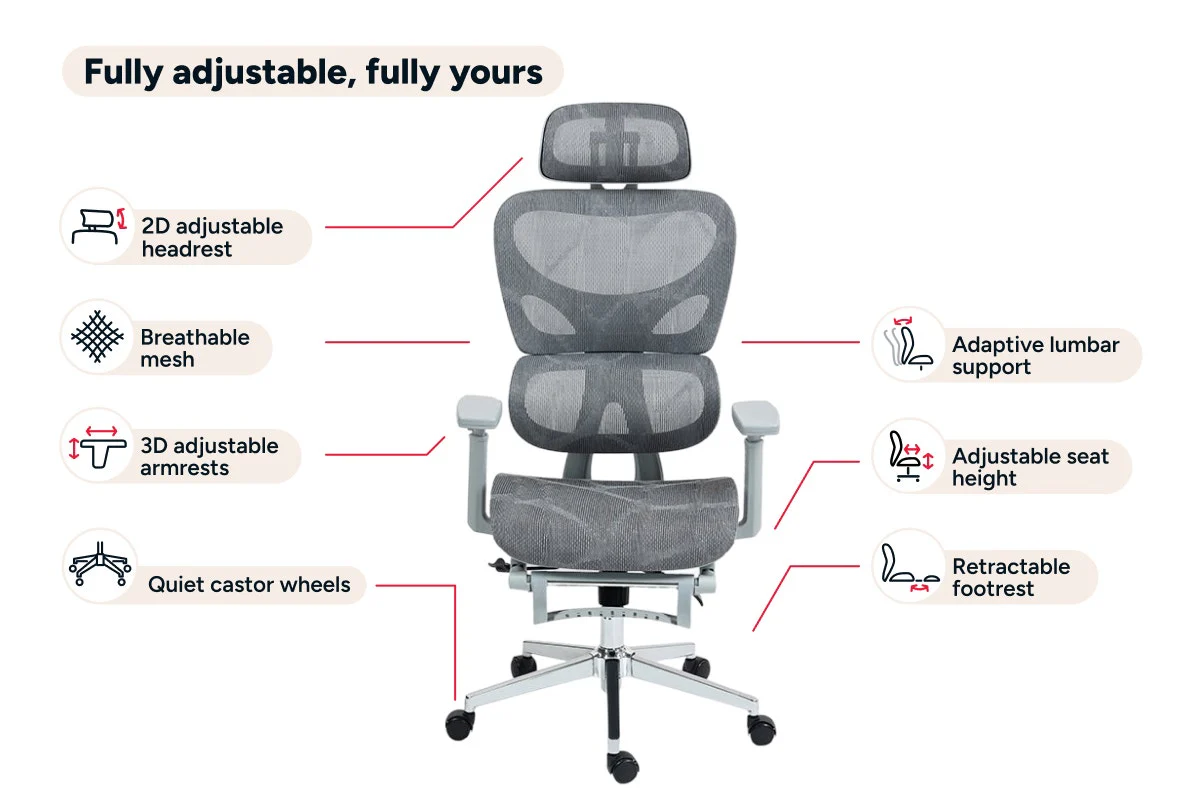 Ergolux EZ11 Ergonomic Office Chair with Adjustable Footrest - Grey - Image 5