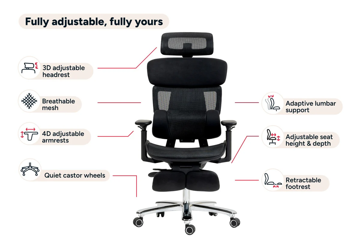 Ergolux Pro Max Ergonomic Mesh Office Chair with Footrest Black - Image 5