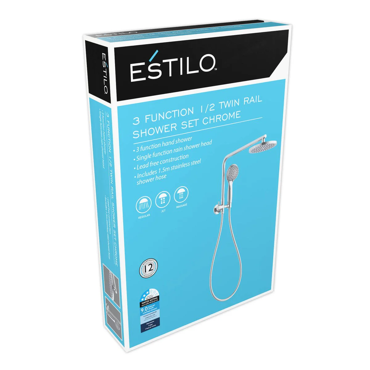 Estilo Chrome 3 Function 1/2 Twin Rail Shower Set - 9L/min - 3 Star Rating - Image 2