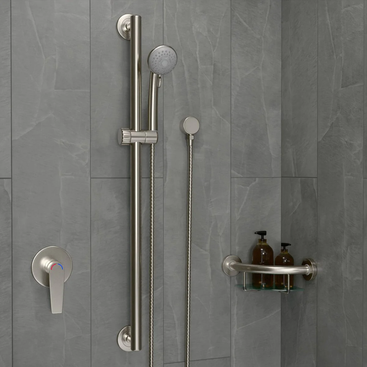 Evekare 32 x 900mm Grab Rail & 3 Function Shower - Brushed Nickel - Safety & Accessibility - Image 5