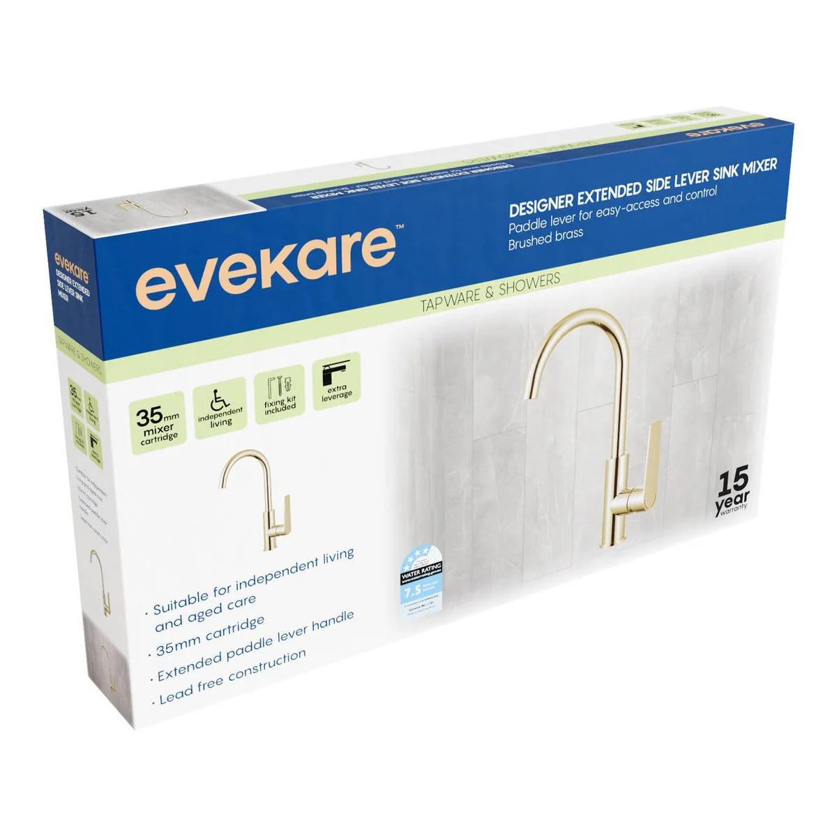 Evekare 35mm Brushed Brass Extended Lever Sink Mixer - Aged Care - Lead-Free - Image 2
