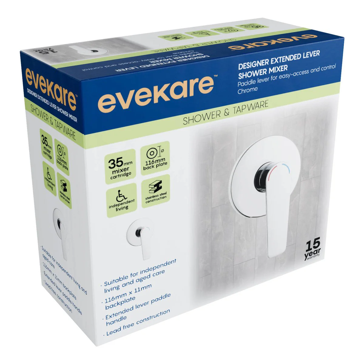 Evekare 35mm Chrome Extended Lever Shower Mixer - Lead-Free - Easy Use - Image 3