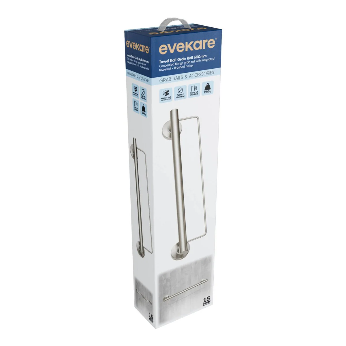 Evekare 600mm Towel Rail with Grab Rail - Brushed Nickel - 250kg Capacity - Image 2