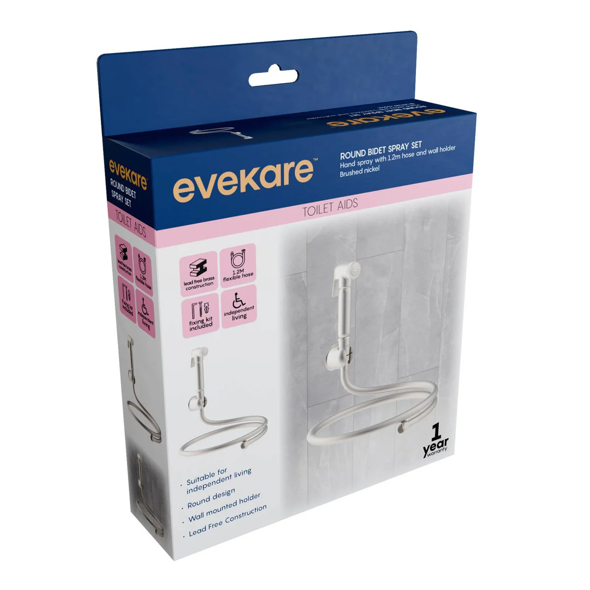 Evekare Bidet Spray 1 2m Brushed Nickel - Wall-Mounted Holder - Ergonomic Design - Image 2