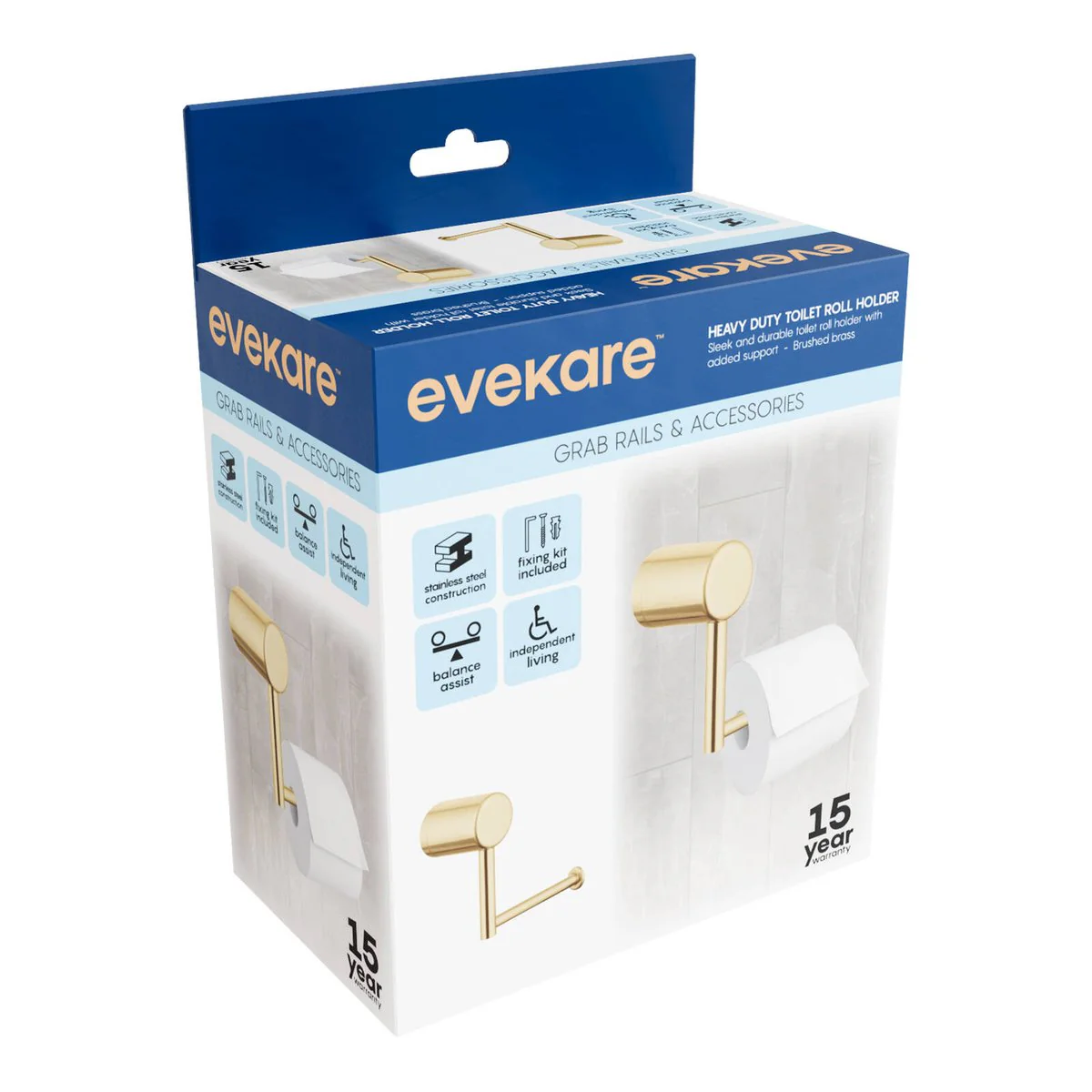 Evekare Brushed Brass Toilet Roll Holder - 1159mm x 81mm x 140mm - Durable Support - Image 2
