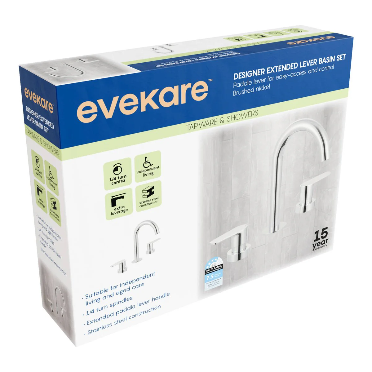 Evekare Brushed Nickel 1/4 Turn Extended Lever Basin Set 245mm - Easy Access - Image 2