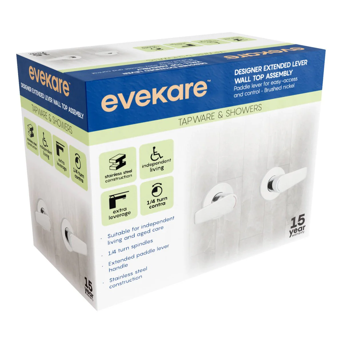 Evekare Brushed Nickel 1/4 Turn Extended Lever Wall Top Assembly - 150mm x 150mm - Easy Access - Image 2