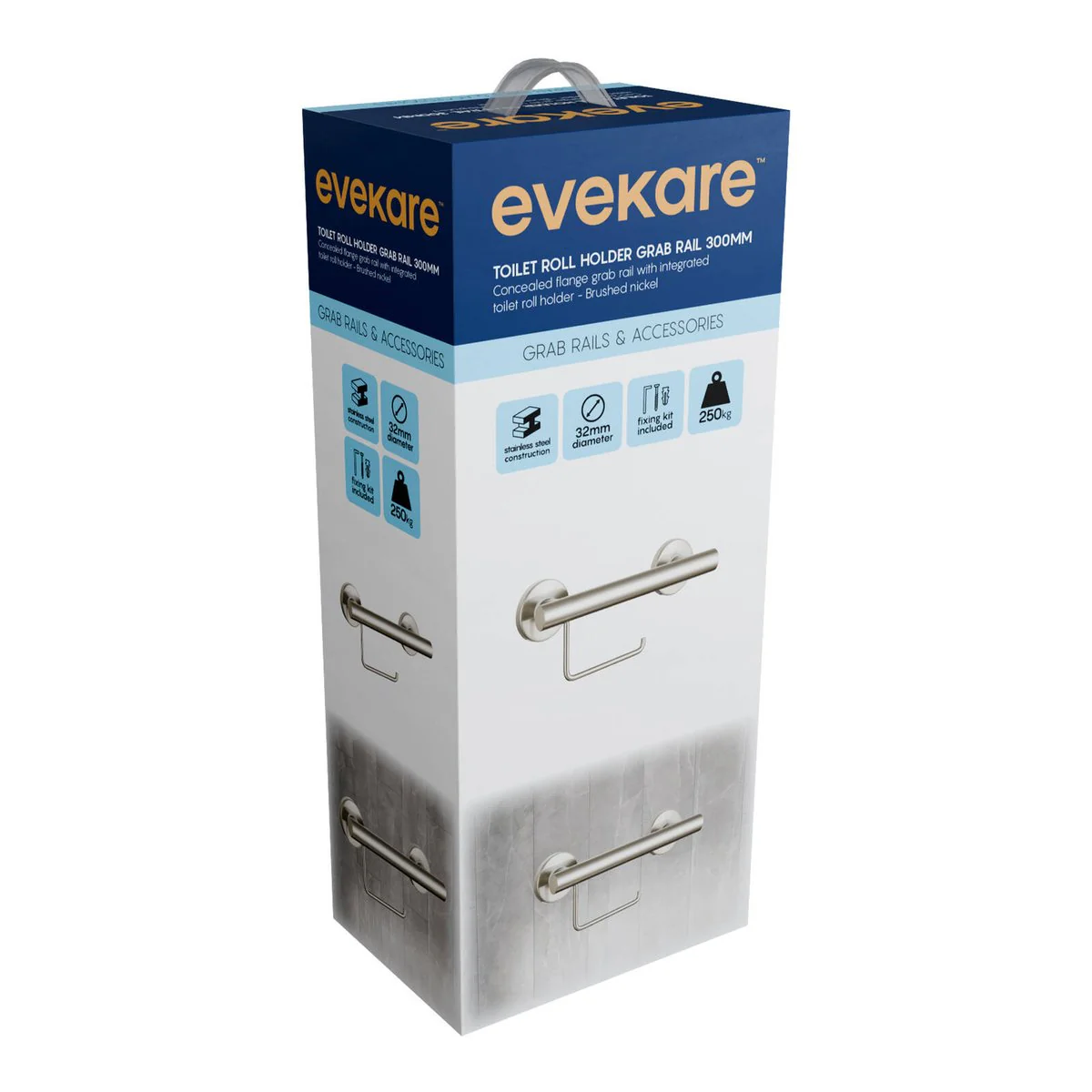 Evekare Brushed Nickel Toilet Roll Holder with Grab Rail - 250kg Capacity - 32mm Diameter - Image 2