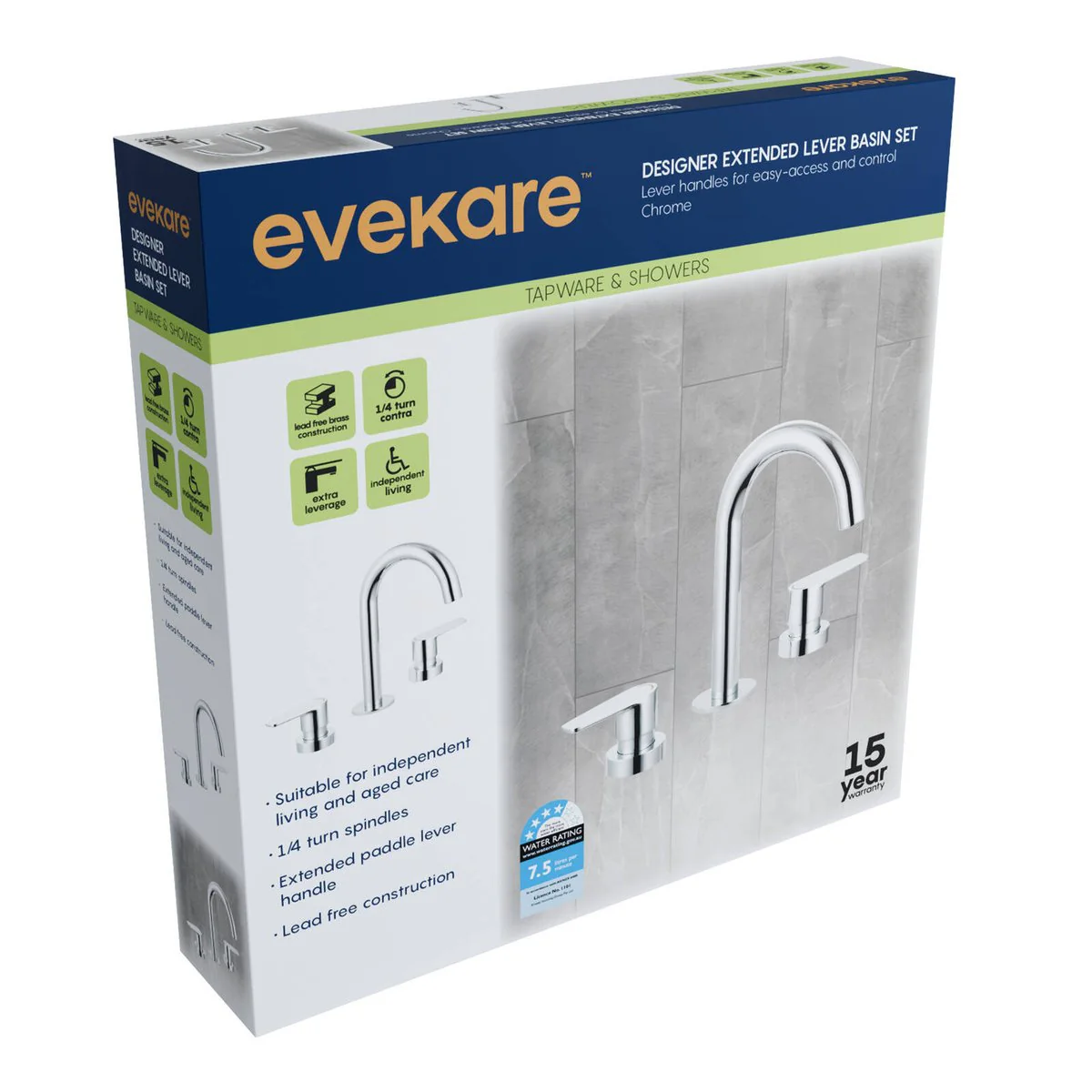 Evekare Chrome 1/4 Turn Extended Lever Basin Set 245mm x 290mm - Accessibility Aid - Image 3