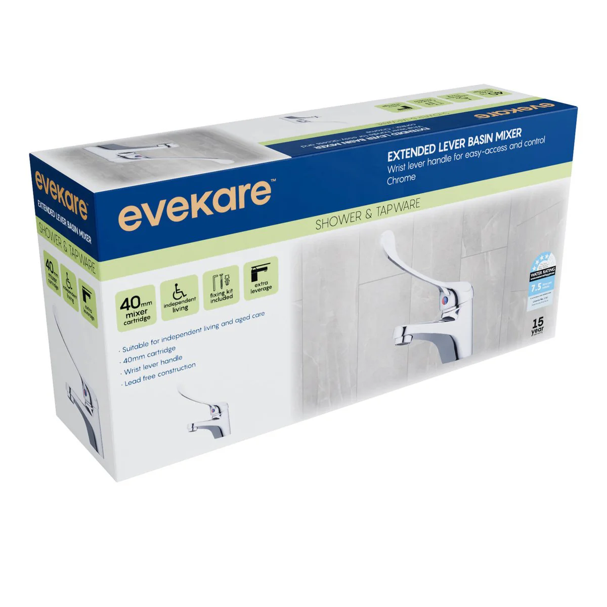 Evekare Chrome Extended Wrist Lever Basin Mixer - 130mm x 260mm - Easy Access - Image 3