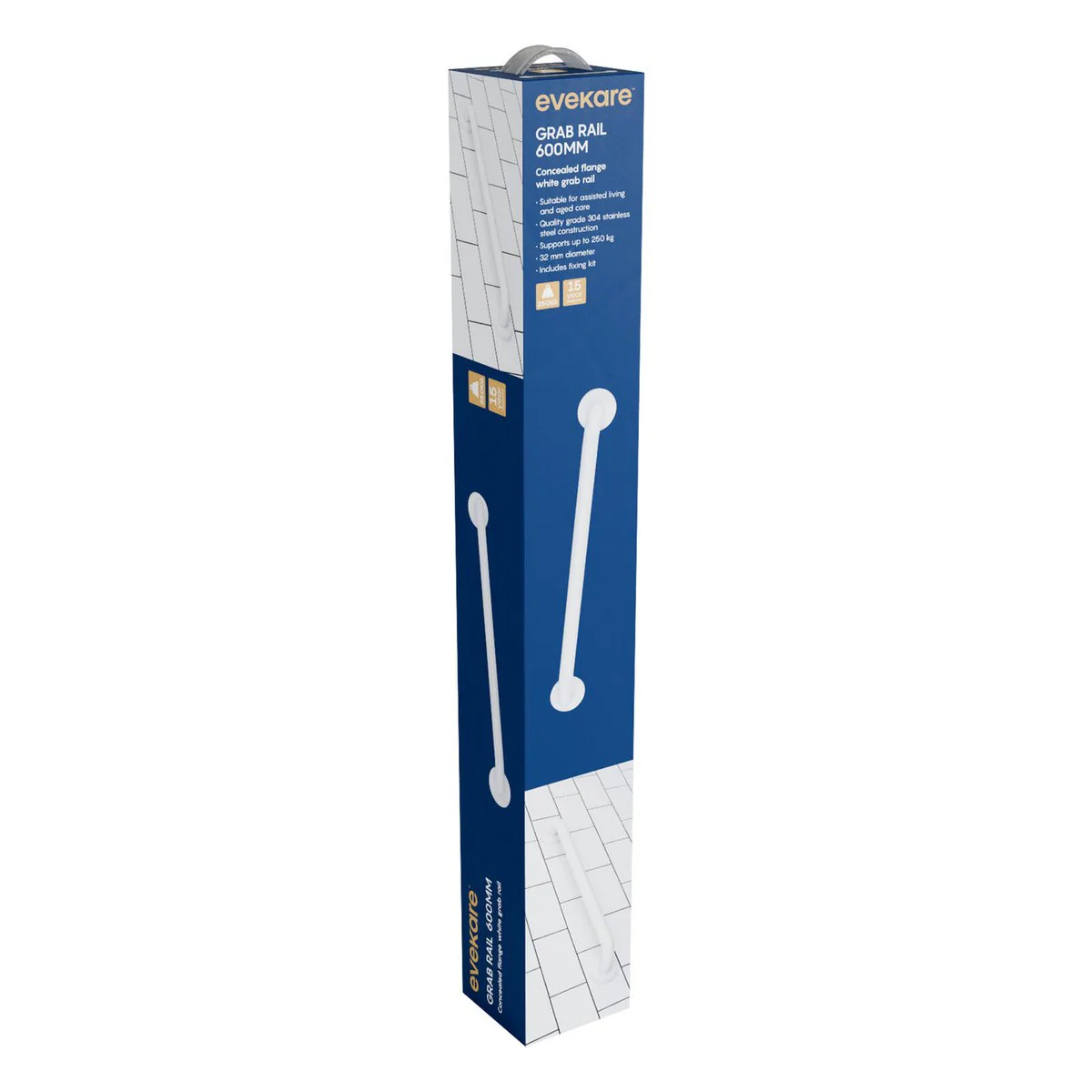 Evekare 600mm White Concealed Flange Grab Rail - 250kg Capacity - 304 Stainless Steel - Image 2