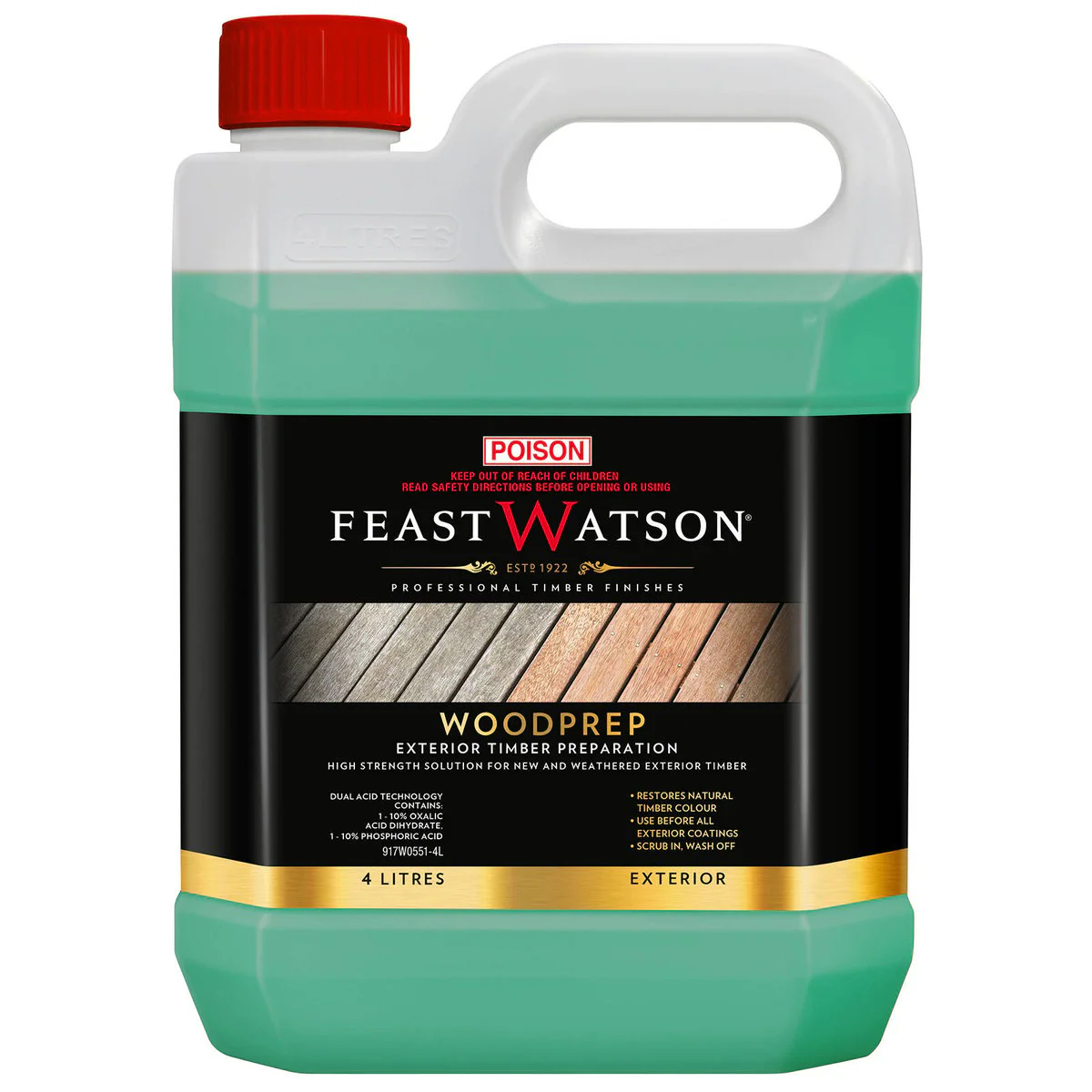 Feast Watson Woodprep - Timber Preparation Cleaner 4L - Dual Acid Technology - Eucalyptus Scent
